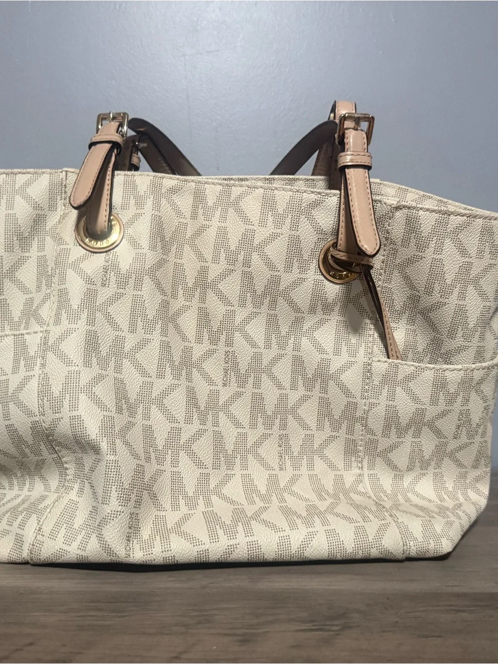 Michael Kors Beige and Cream Logo Tote with Leather Trim